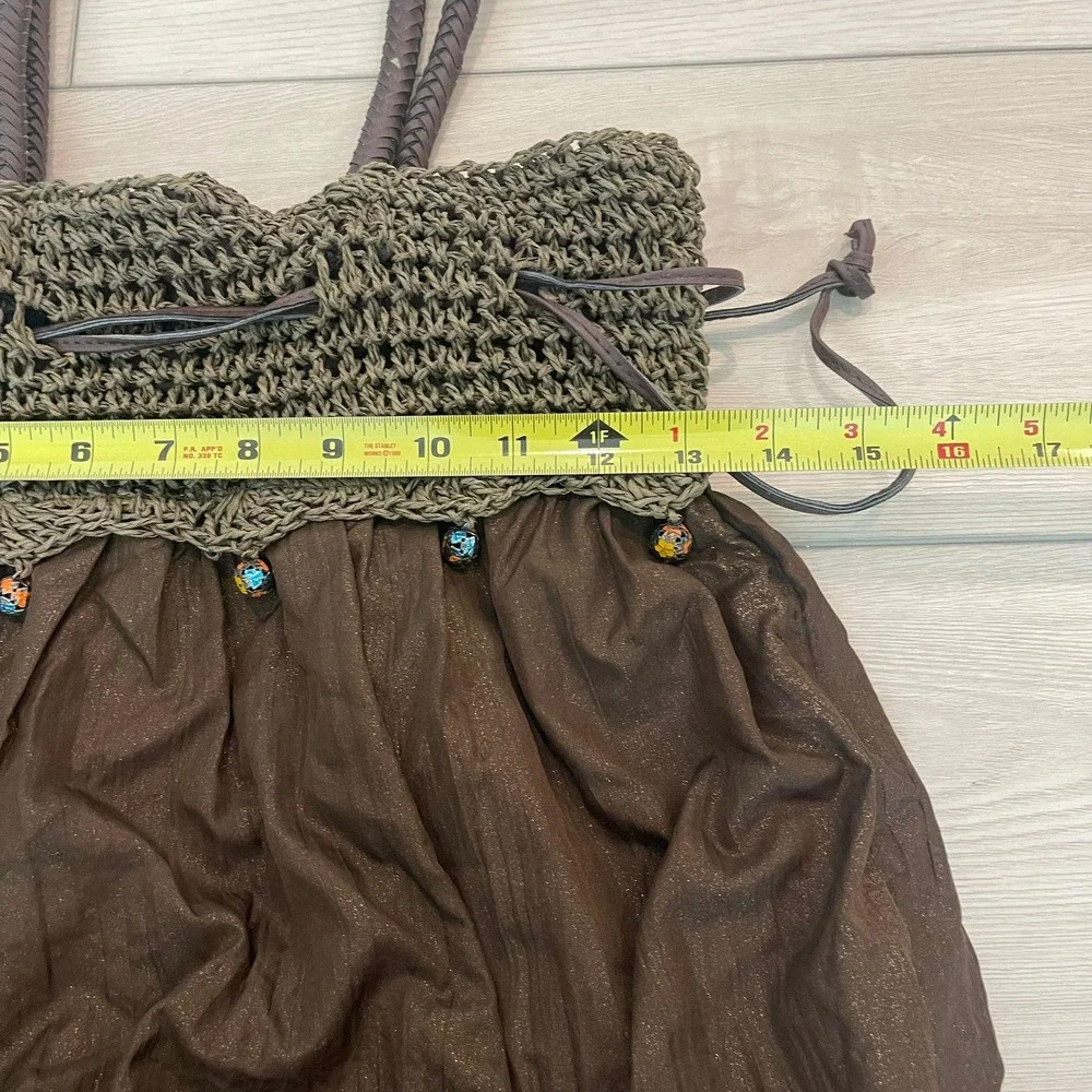 Bohemian Crochet Knit Bag Women Brown Beaded Drawstring Hobo Boho Fairycore Y2k‎